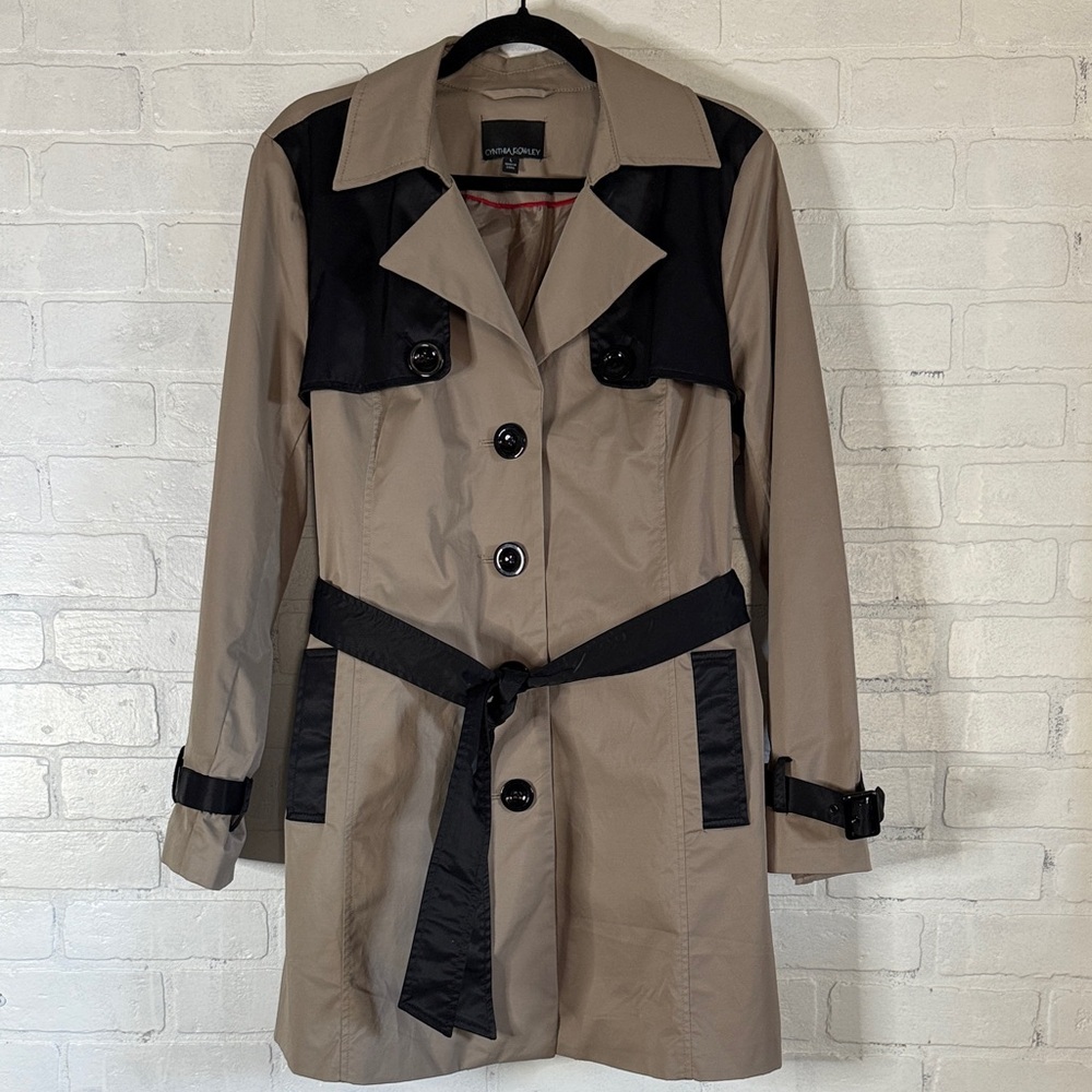 Cynthia Rowley Black & Tan Colorblock Classic Belted Trench Coat size large